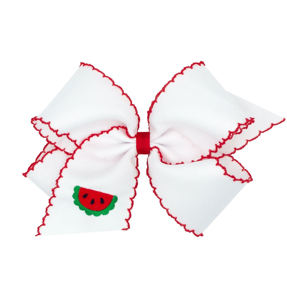 Wee Ones Girls Hair Bow - White with Red Moonstitch - Embroidered Watermelon - Red