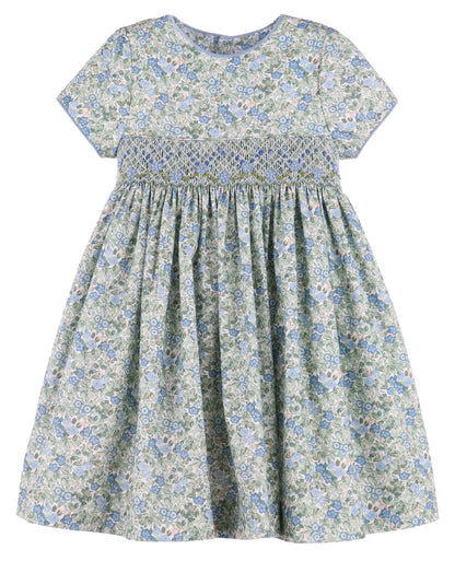 Luli & Me Girls Blue & Green Floral Smocked Dress - Sash in Back