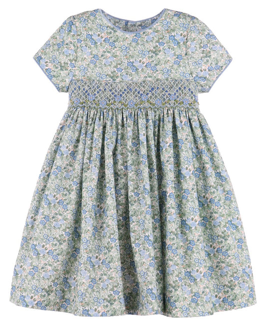Luli & Me Girls Blue & Green Floral Smocked Dress - Sash in Back