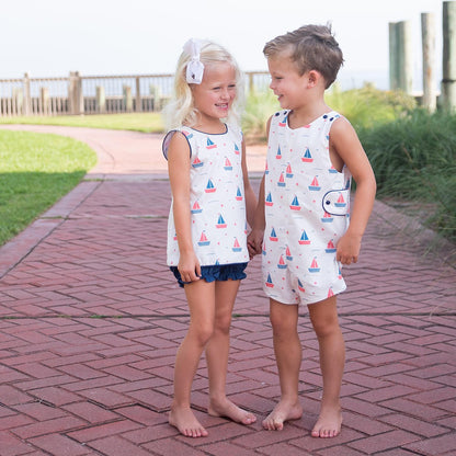 James & Lottie Boys Reed Jon Jon - Navy Blue Sailboats