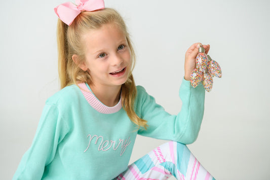 Lullaby Set Girls Christmas Sweater - Mint Aqua with Pink Embroidered Merry