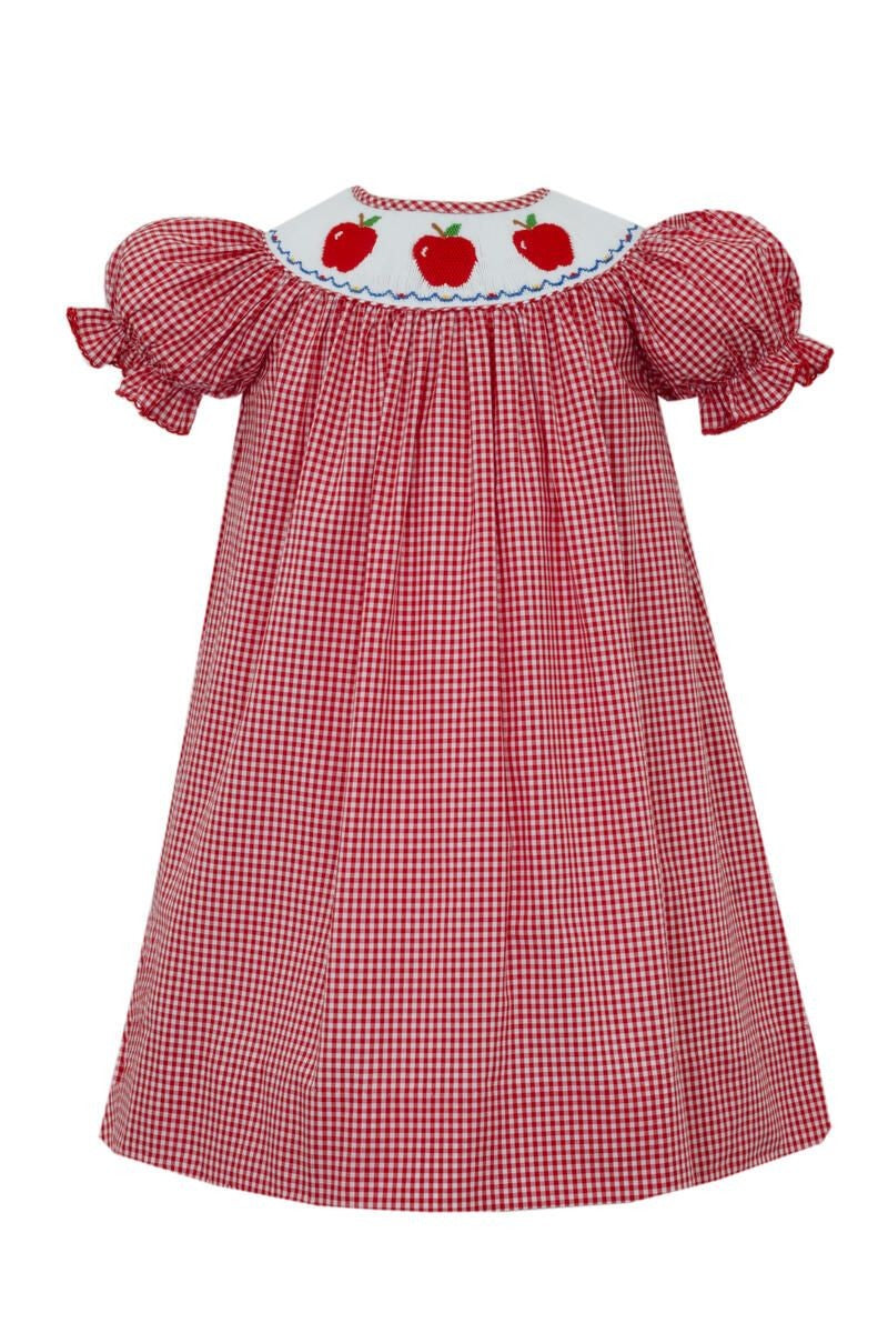 Anavini Velani Girls Red Gingham Bishop Dress - Smocked Apples