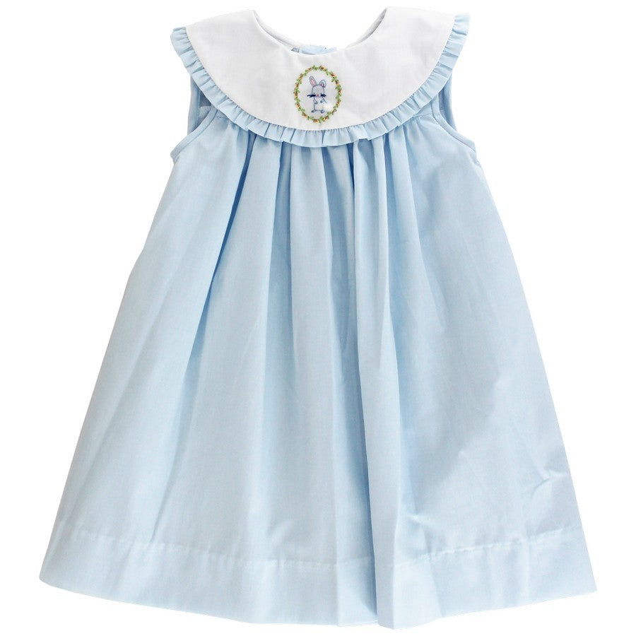 Bailey Boys Girls Sleeveless Float Dress - White Collar - Blue Embroidery Easter Bunny
