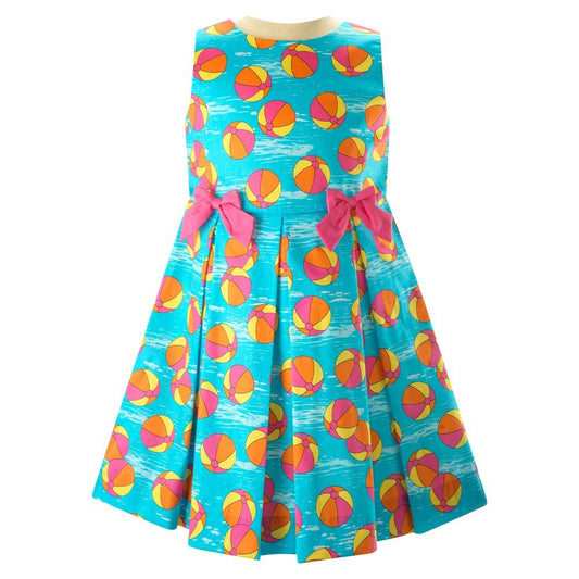Rachel Riley London Girls Pleated Sundress - Pool Play Beach Balls - Pink Bows