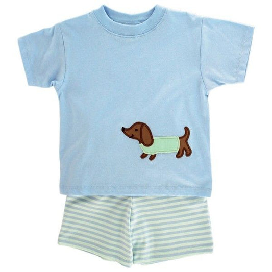 Bailey Boys Toddler Knit Striped Shorts Set - Blue with Doxie Dog