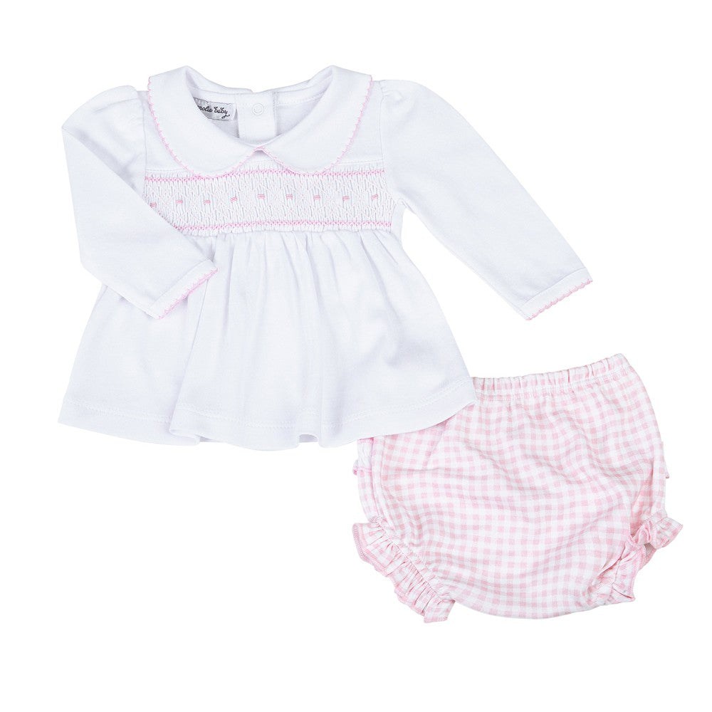 Magnolia Baby Girls Pink Mini Checks Smocked Ruffle Bloomers Set