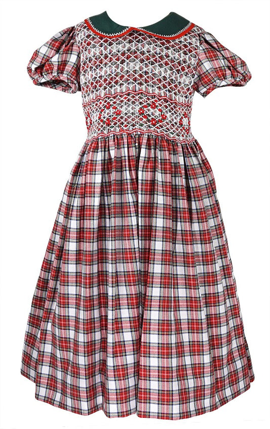 Anavini Couture Girls Red & Ivory Holiday Plaid Dress with Collar - Fully Smocked Bodice