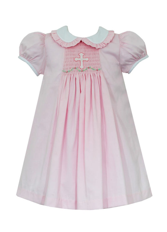 Anavini Girls Pink Pique Dress - Smocked Cross - Ruffle Collar