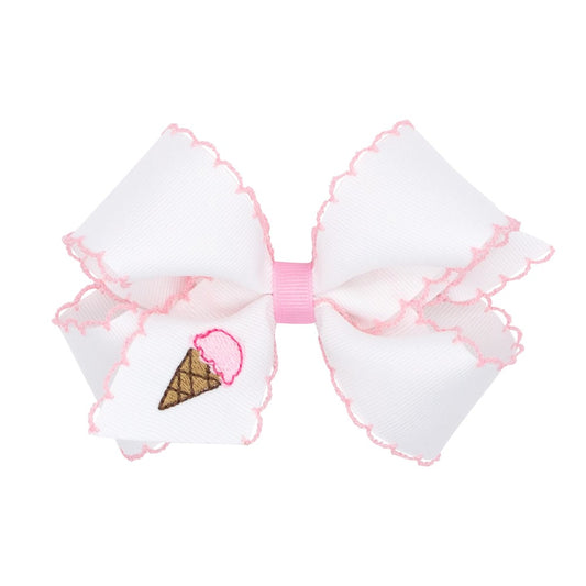 Wee Ones Girls Hair Bow on Clip - White with Pink Moonstitch - Embroidered Ice Cream Cone