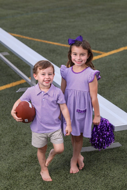 Trotter Street Kids Boys Henry Game Day Polo Shirt - Purple Stripes - LSU - TCU