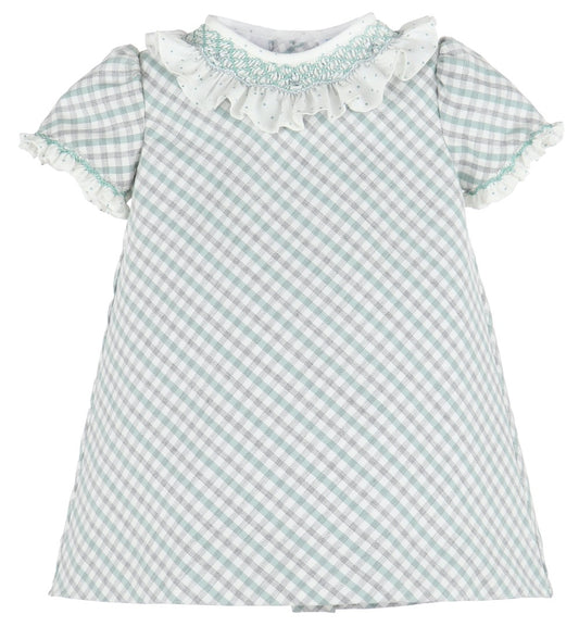 Luli & Me Girls Mint Green & Gray Check A-Line Dress - Smocked Ruffle Collar