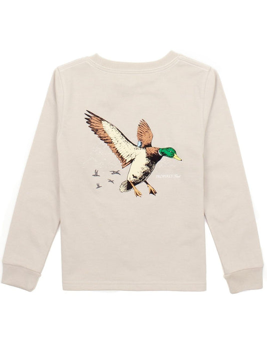 Properly Tied Boys Shirt - Logo Pocket on Front - Back Graphic - Mallard Duck Flight on Linen Tan
