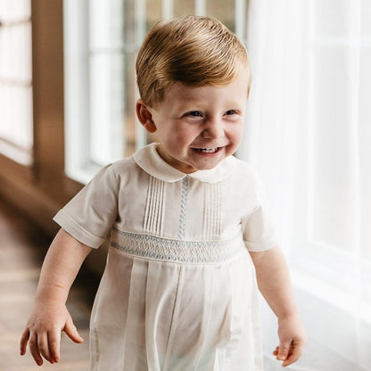 Feltman Brothers Baby Boys Ivory Vintage Romper - Smocked in Blue
