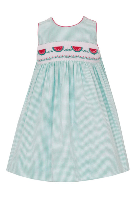 Anavini Girls Aqua Check Seersucker Smocked Watermelon Dress - Sleeveless