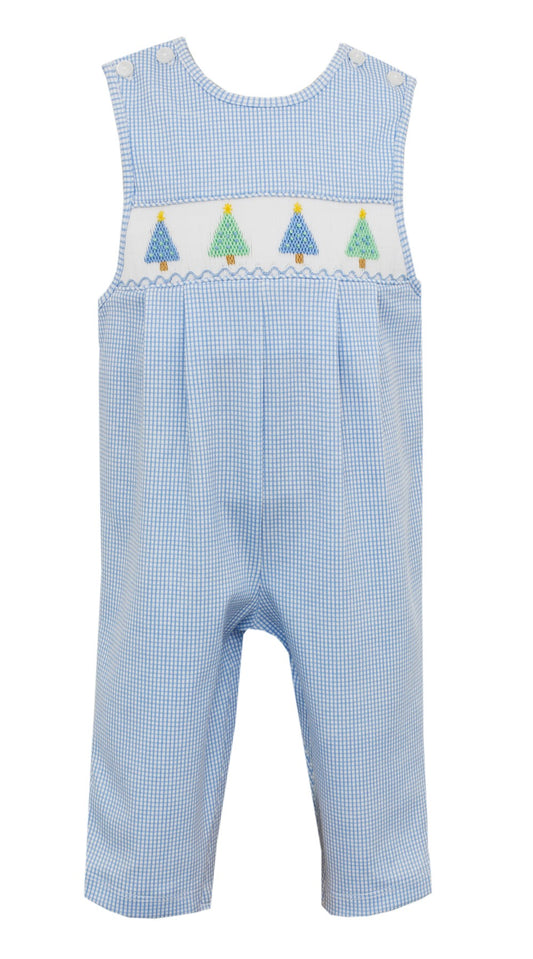 Petit Bebe Baby Boys Blue Check Knit Longall - Smocked Christmas Trees