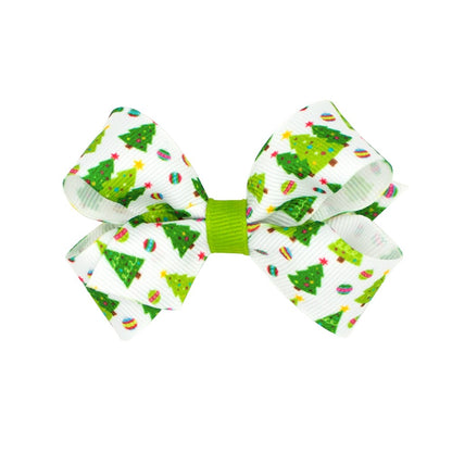 Wee Ones Girls Grosgrain Holiday Print Hair Bow - Green Christmas Trees