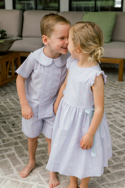 Bailey Boys Girls Easter Dress - Primrose Plaid - Blue Bows at Sides