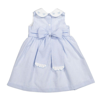 Sal & Pimenta Girls Blue Seersucker Sleeveless Dress - Embroidered Bows on Collar