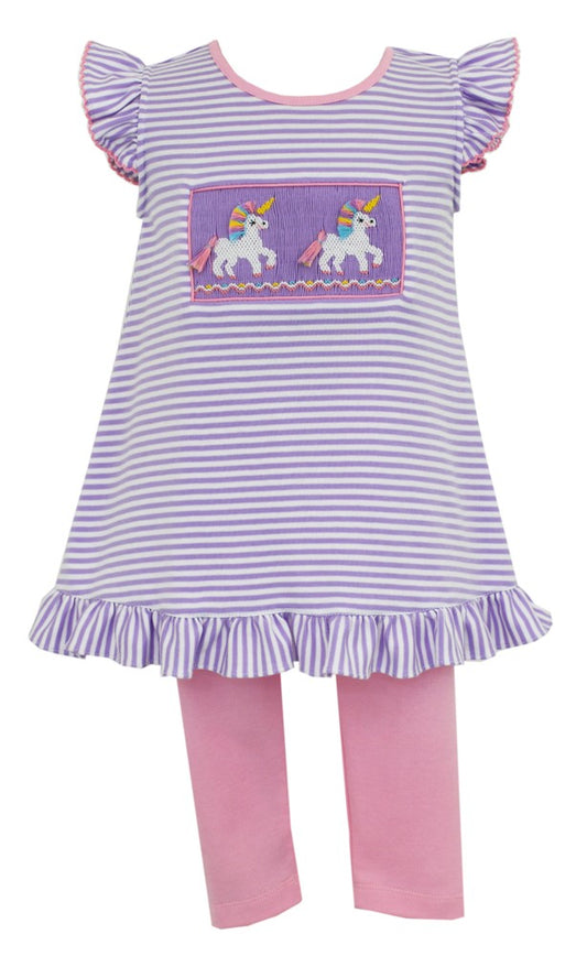 Anavini Girls Lavender Striped Smocked Unicorns Tunic Top with Pink Leggings