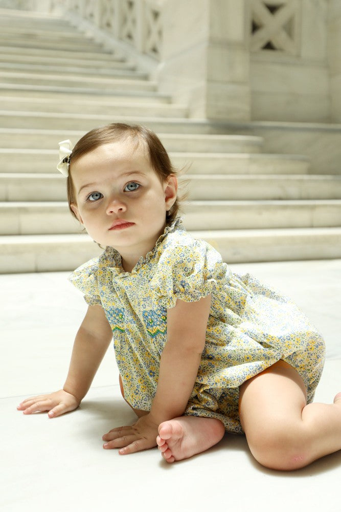 Yellow Lamb Baby Girls Yellow & Blue Floral Smocked Elise Bubble