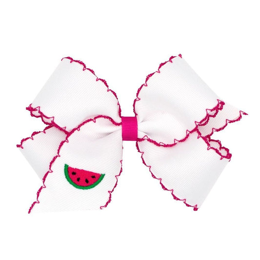 Wee Ones Girls Moonstitch Bow - White with Pink - Embroidered Watermelon