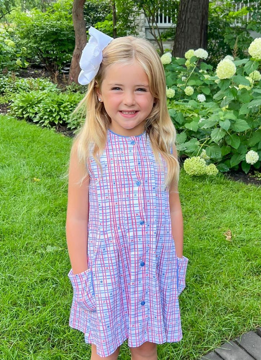 James & Lottie Girls Reagan Pocket Dress - Patriotic Stars Print