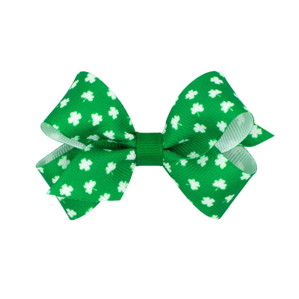 Wee Ones Girls Hair Bow on Clip - Tiny White Shamrocks on Green Bow