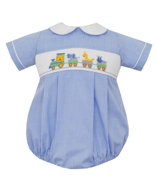 Anavini Velani Baby Boys Blue Gingham Smocked Animal Train Bubble by Anavini