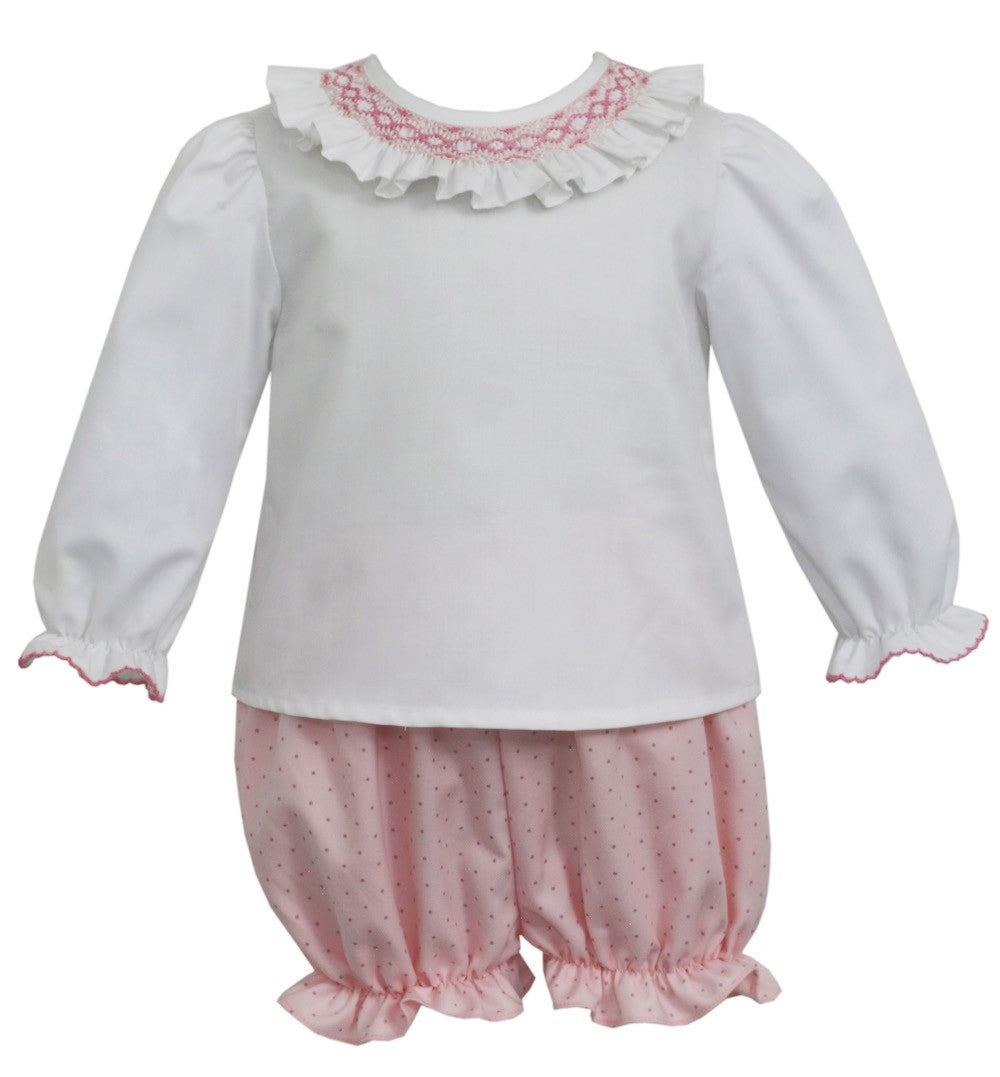 Petit Bebe Baby / Toddler Girls Pink Dots Bloomers Set with Smocked Top