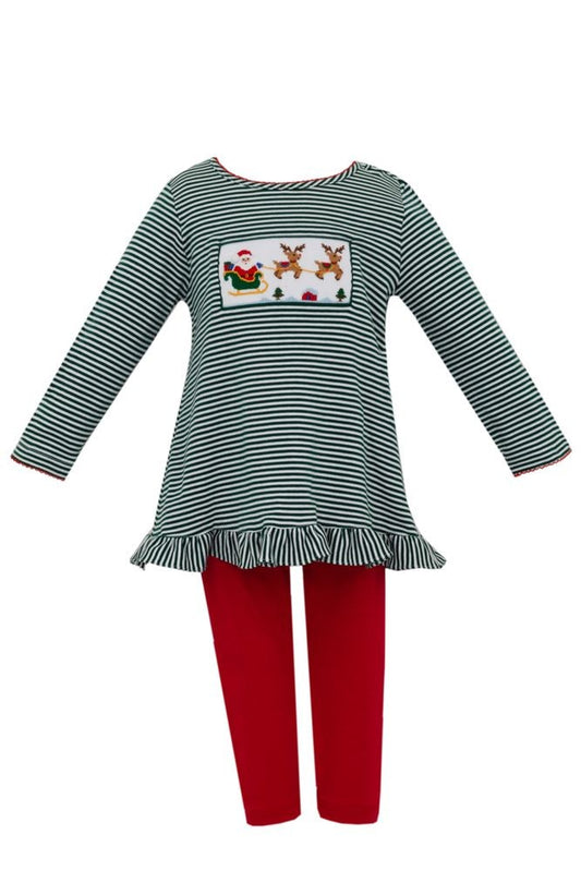 Anavini Girls Green Striped Top - Smocked Santa's Sleigh - Red Leggings