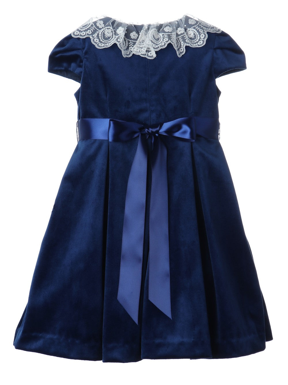Luli & Me Girls Luxe Velvet Christmas Dress - Lace Collar - Ribbon Sash - Navy Blue