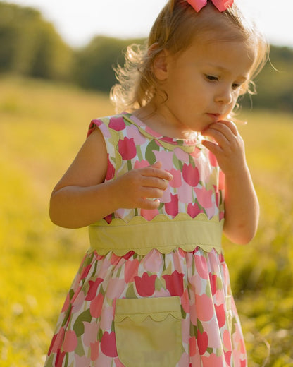 Yellow Lamb Girls Amalie Field of Pink Tulips Dress with Pockets