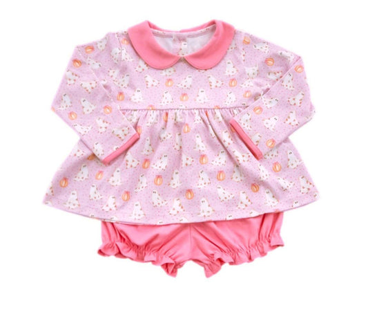 James & Lottie Girls Sally Knit Bloomers Set - Pink Halloween Ghosts