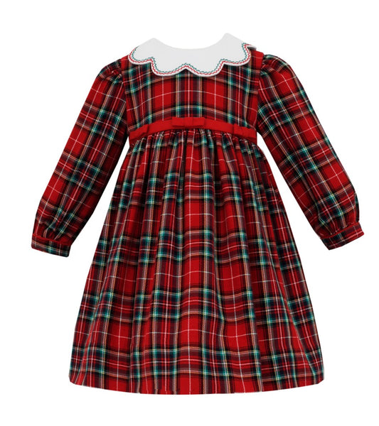 Anavini Couture Girls Red Holiday Plaid Christmas Dress - Scallop Collar