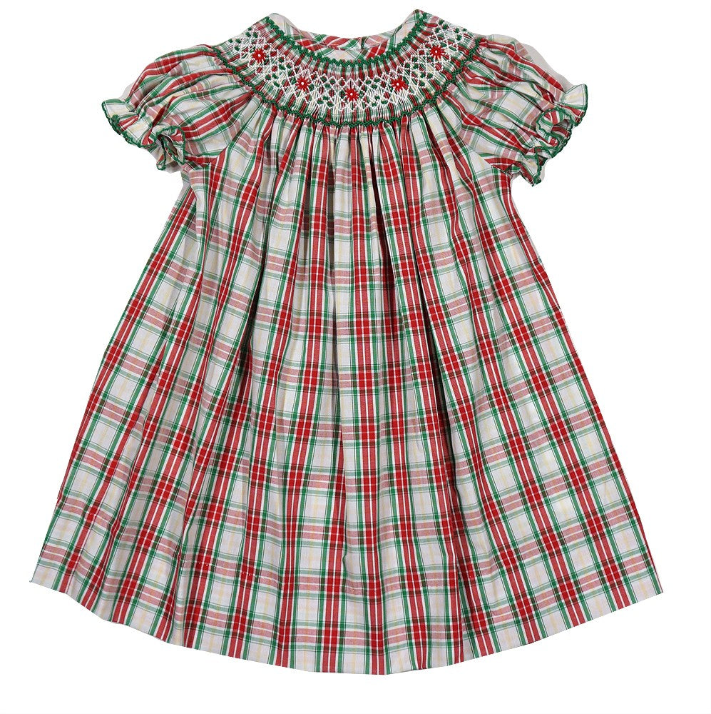 The Best Dressed Child Baby / Toddler Girls Green & Red Holiday Plaid Smocked Bishop Dress