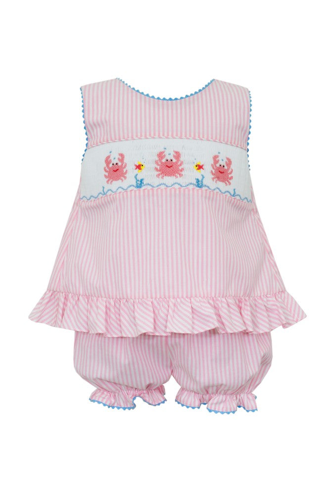 Anavini Girls Pink Striped Smocked Crabs Bloomers Set