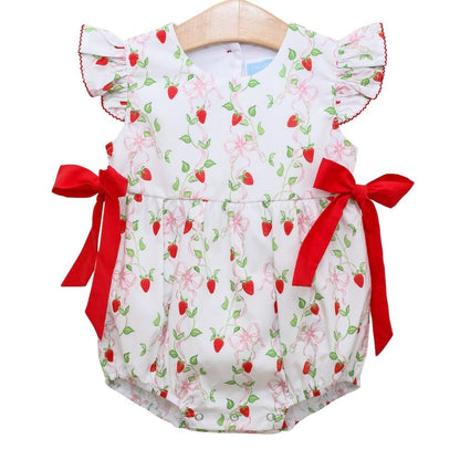 Trotter Street Kids Baby Girls Pink Pick of the Patch Strawberry Woven Bubble - Red Side Bows by Trotter Street Kids