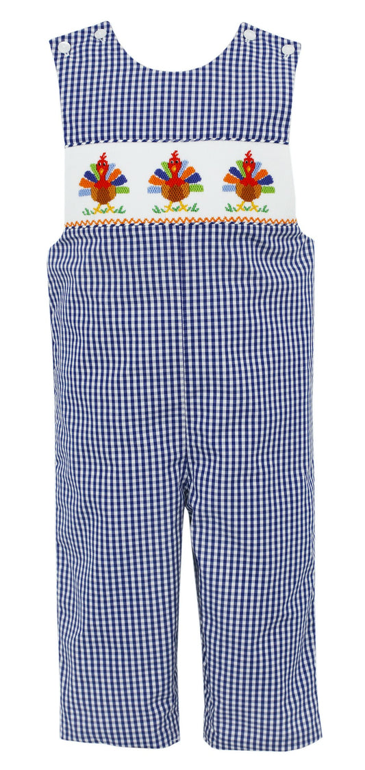 Anavini Baby / Toddler Boys Royal Blue Gingham Longall - Smocked Turkeys