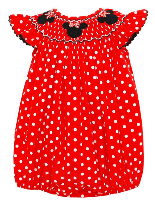 Anavini Velani Baby Girls Bubble - Red / White Dots - Smocked Minnie Mouse