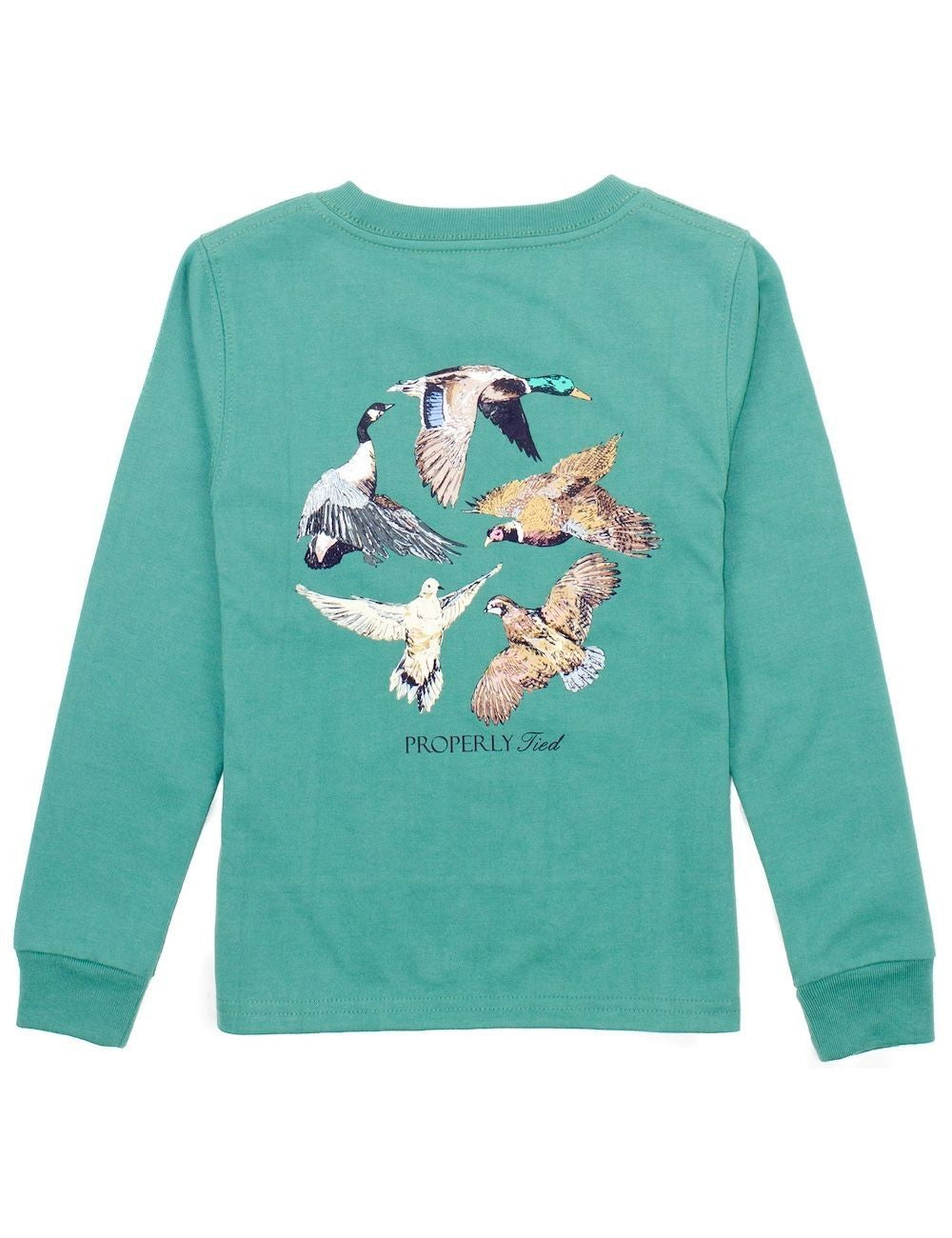 Properly Tied Boys Shirt - Logo Pocket on Front - Back Graphic - Birds Flock on Teal Green