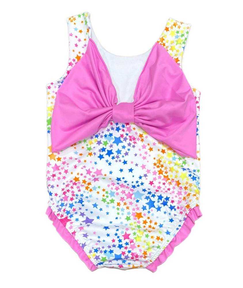 James & Lottie Girls Lottie Swimsuit - Colorful Stars - Pink Bow on Back