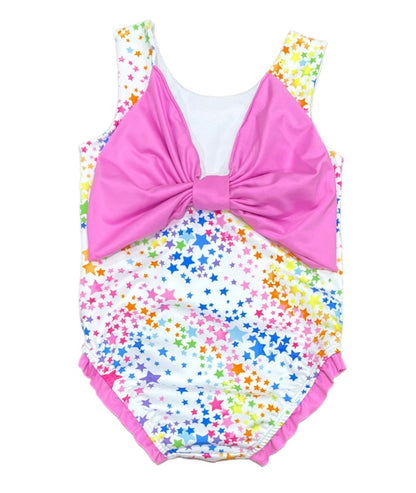 James & Lottie Girls Lottie Swimsuit - Colorful Stars - Pink Bow on Back