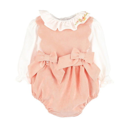 Sophie & Lucas Girls Pumpkin Cord Bow Bubble with Embroidered Blouse