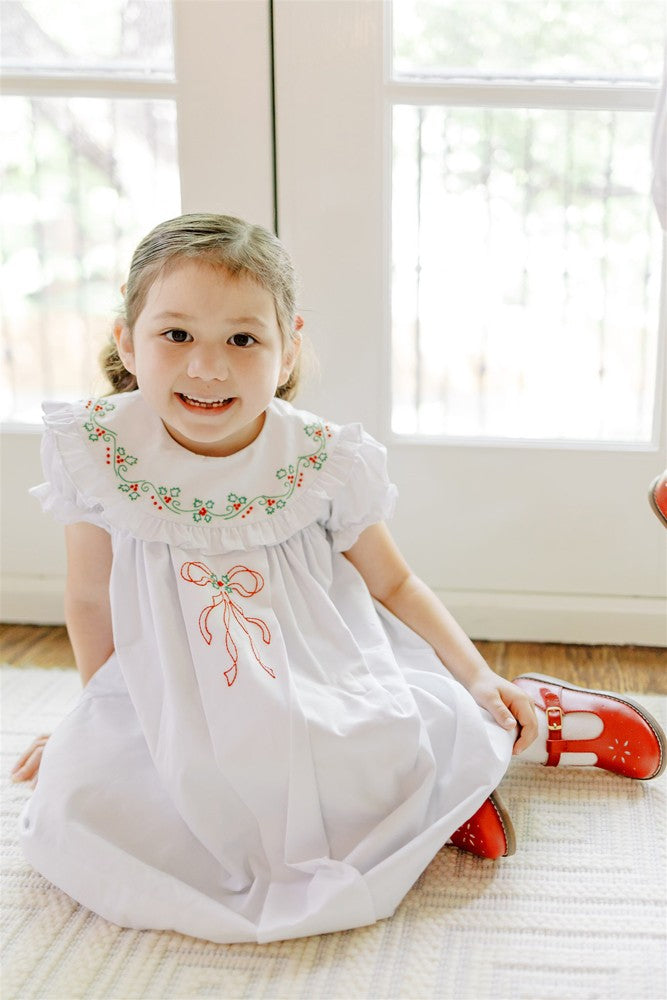 Proper Peony Girls Red Bow Garland Christmas Dress - White Best Dressed Child Proper Peony Girls Red Bow Garland Christmas Dress - White Best Dressed Child