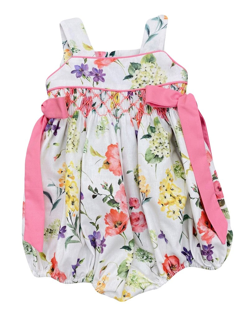 The Best Dressed Child Baby / Toddler Girls Pink Floral Smocked Bubble with Bows