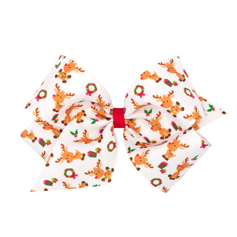 Wee Ones Girls Grosgrain Holiday Print Hair Bow - White with Reindeer