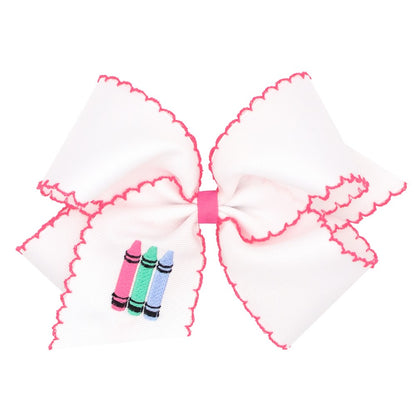 Wee Ones Girls Hair Bow - Embroidery Crayons - White with Hot Pink Moonstitch