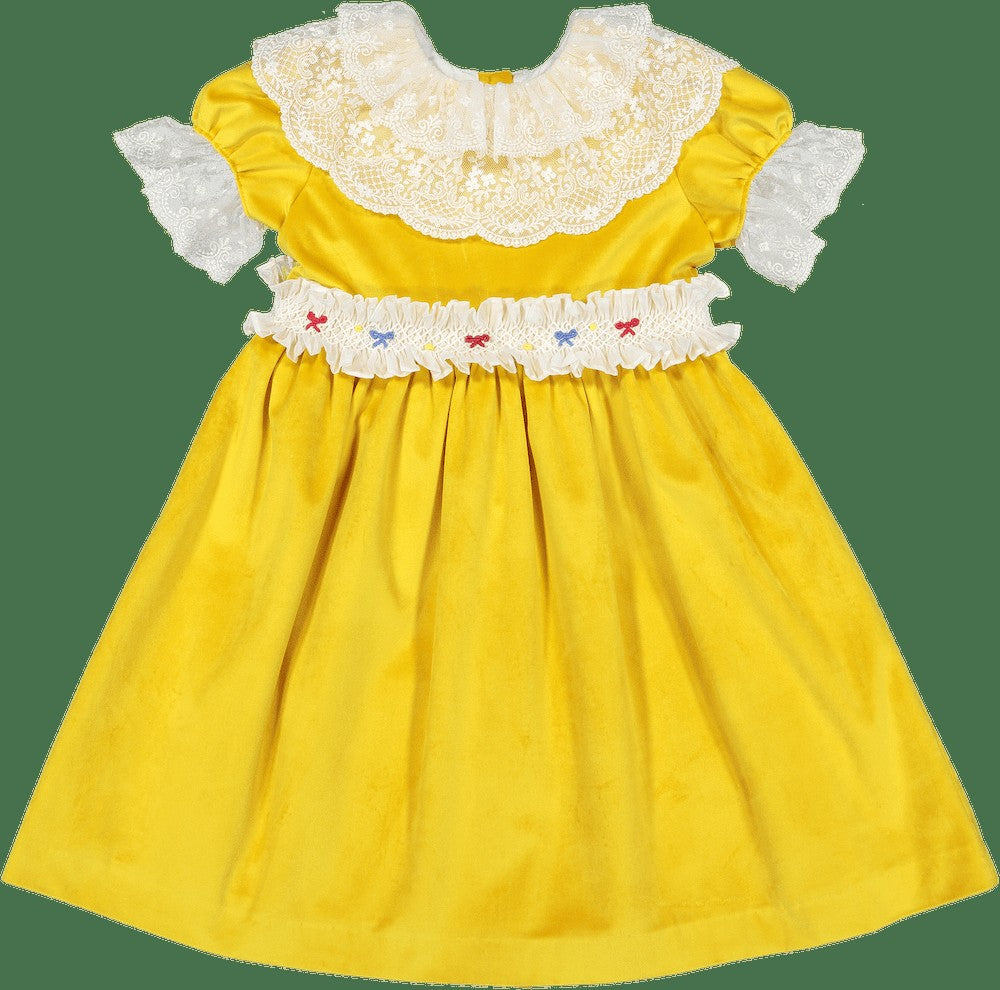 Sal & Pimenta Girls Velvet Holiday Dress - Golden Velvet with Smocked Bows Best Dressed Child Sal & Pimenta Girls Velvet Holiday Dress - Golden Velvet with Smocked Bows Best Dressed Child