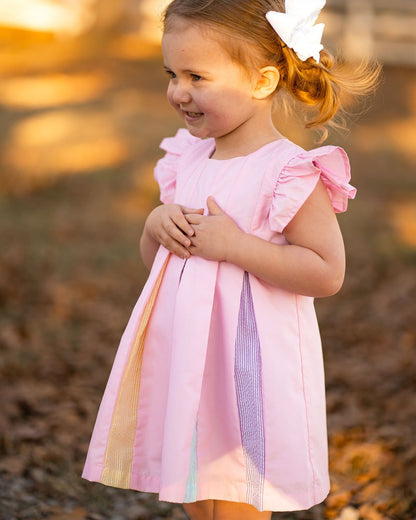 Yellow Lamb Girls Pleated Rainbow Dress - Pink