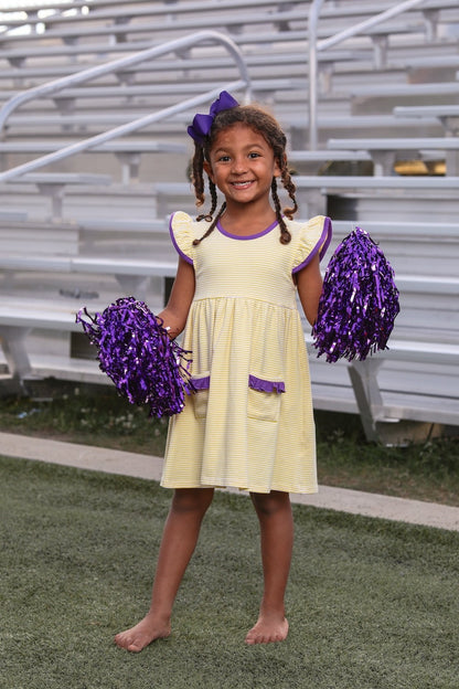 Trotter Street Kids Girls Lucy Game Day Dress - Yellow Stripe - Purple Trim - LSU Tigers